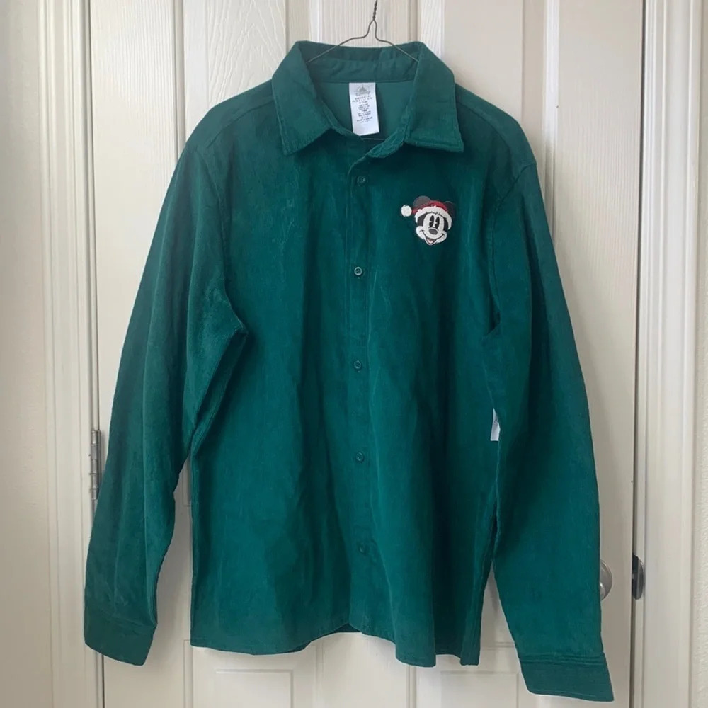 NWT Disney Corduroy Santa Mickey Holiday Christmas Shirt Green Small